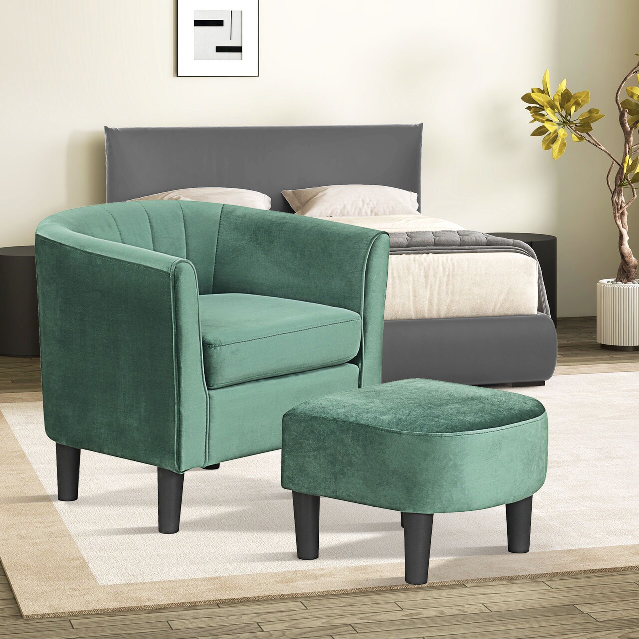 Ergonomic Armrest Barrel Chair with Ottoman and Velvet Padded Seat for Living Room